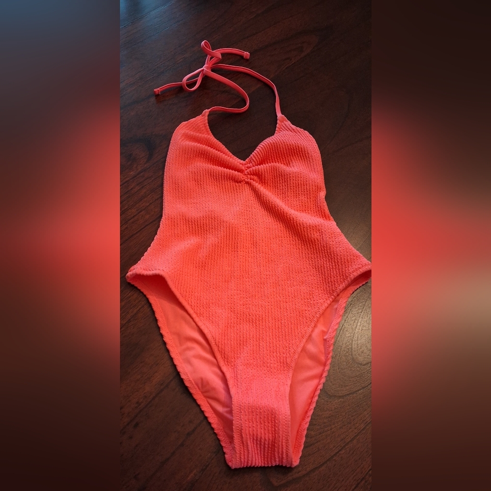 NWT Aerie Pink Ribbed Halter Neck Cheekiest One Piece Swimsuit UPF 50
